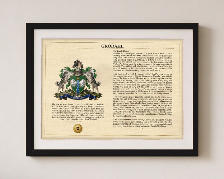 Framed Personalized Surname Coat of Arms Print with Family History Research