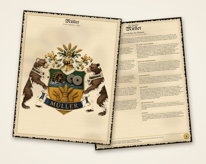 Beispiel Executive-Digitalpaket, zwei Seiten: Wappen Müller (Seite 1) und Geschichte des Namens Müller (Seite 2) — Herald Lab