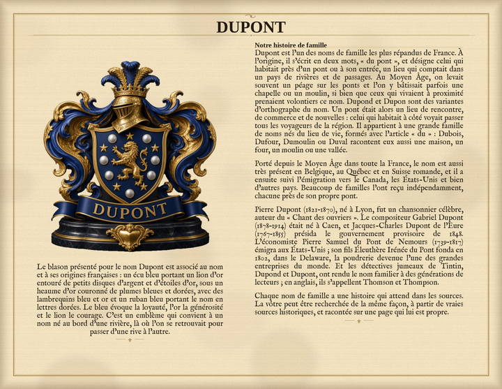 Exemple PDF Standard — Famille Dupont : histoire du nom et blason associé (Herald Lab)