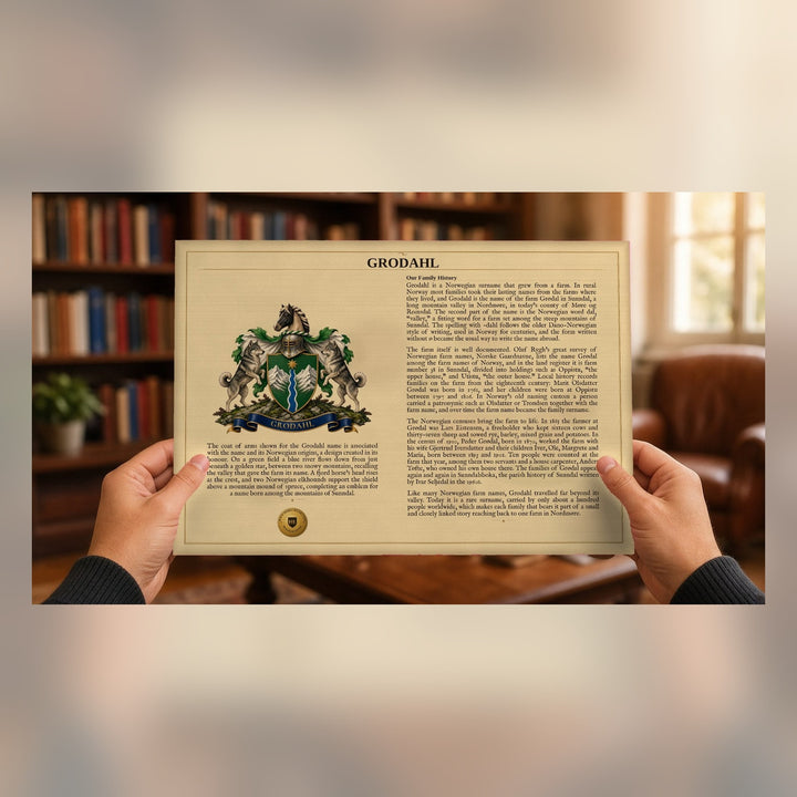 Personalized Surname Coat of Arms Parchment-Look Print with Family History Research — Standard Digital Pack Included (Coat of Arms + History)