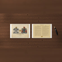 
Wczytaj obraz do galerii, Anniversary Museum Prints: Baker &amp; Williams sample, page 1 with both coats of arms and both surnames on the ribbons, page 2 with both family histories, on Hahnemühle Photo Rag