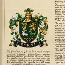 
Carregar imagem no visualizador da galeria, Close-up of the parchment-look print showing the Byrne coat of arms and text detail