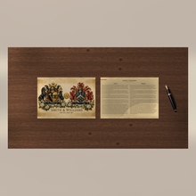 
Wczytaj obraz do galerii, Anniversary museum prints, 2 sheets: both coats of arms and both family histories (illustrative, Smith &amp; Williams sample) — Herald Lab