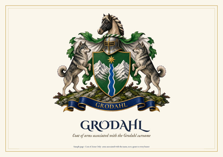 Sample Coat of Arms Only page: Grodahl arms and surname (illustrative)