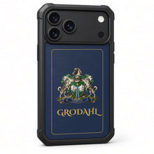 
Charger l'image dans la galerie, iPhone 17 Pro Max Heritage phone case, deep navy with gold border, coat of arms and surname in gold