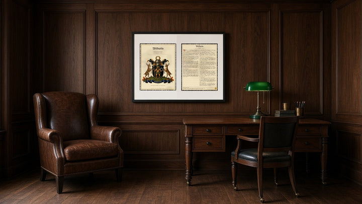 Executive Framed Surname Coat of Arms Print with Extended Family History