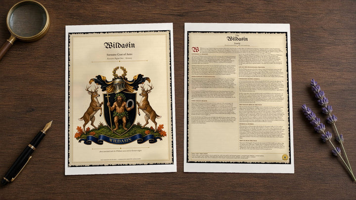 Executive Surname Coat of Arms Museum Print Pair with Extended Family History