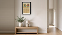 
Load image into Gallery viewer, Sample Dual framed in one portrait A3 frame: both coats of arms on top, both family histories below — illustrative mockup — Herald Lab