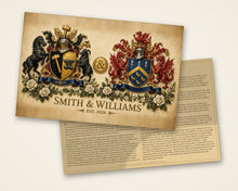 
Load image into Gallery viewer, Dual sample, both pages: page 1 is one painting with both family coats of arms (Smith &amp; Williams, Est. 2026), page 2 holds both family histories — Herald Lab