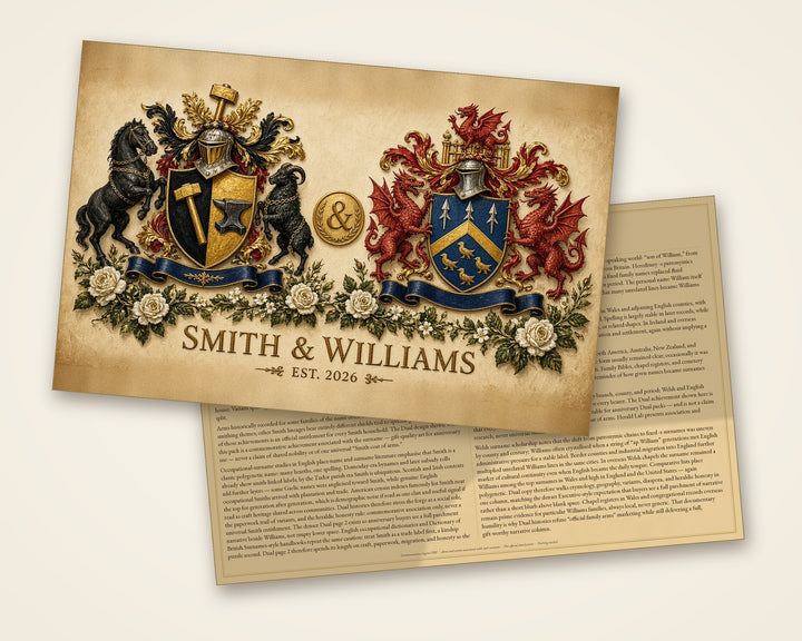 Dual sample, both pages: page 1 is one painting with both family coats of arms (Smith & Williams, Est. 2026), page 2 holds both family histories — Herald Lab