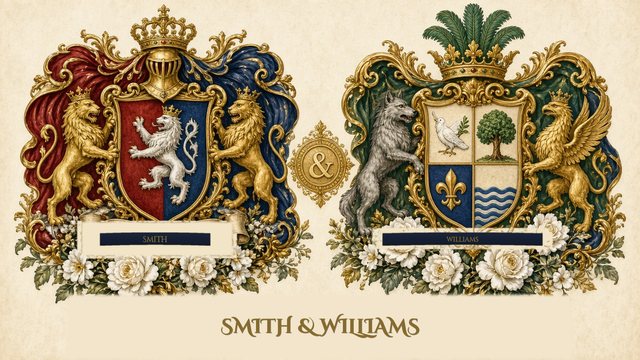 Sample Dual coat of arms PDF for two surnames — wedding gift layout