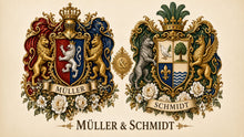 
Cargar imagen en el visor de la galería, Jubiläums-Doppelwappen — Müller &amp; Schmidt, beide Namensbänder unter den Wappen — Herald Lab