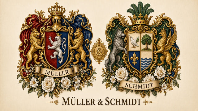 Beispiel Doppelwappen-PDF für zwei Nachnamen — Hochzeitsgeschenk-Layout
