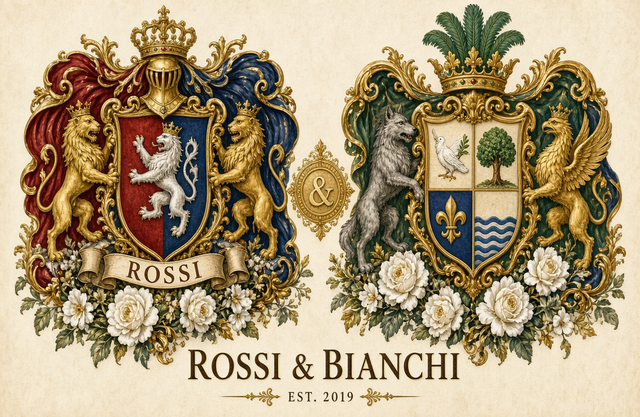 Sample Dual coat of arms PDF for two surnames — wedding gift layout