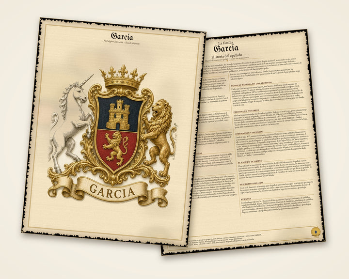 Muestra del pack digital Executive, dos páginas: escudo de armas García (página 1) e historia del apellido García (página 2) — Herald Lab