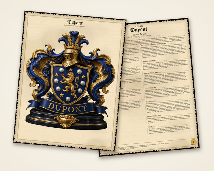 Exemple du pack numérique Executive, deux pages : armoiries Dupont (page 1) et histoire du nom Dupont (page 2) — Herald Lab