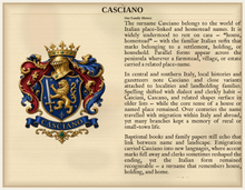 
Cargar imagen en el visor de la galería, Sample Last Name Origin PDF — The Casciano Family — dense Standard layout, coat of arms left, surname history right — Herald Lab SAMPLE