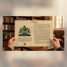 
Carregar imagem no visualizador da galeria, Personalized Surname Coat of Arms Parchment-Look Print with Family History Research — Standard Digital Pack Included (Coat of Arms + History)