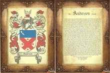 Load image into Gallery viewer, Executive Family Name History and full color Coat of Arms (2 pages) size 17&quot; X 11&quot; (cm 43x28)