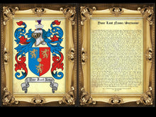 Load image into Gallery viewer, Executive Family Name History and full color Coat of Arms (2 pages) size 17&quot; X 11&quot; (cm 43x28)