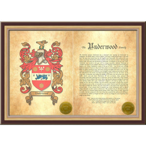 Executive Family Name History and full color Coat of Arms (2 pages) size 17" X 11" (cm 43x28)