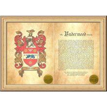 Load image into Gallery viewer, Executive Family Name History and full color Coat of Arms (2 pages) size 17&quot; X 11&quot; (cm 43x28)