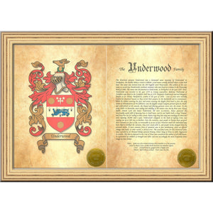 Executive Family Name History and full color Coat of Arms (2 pages) size 17" X 11" (cm 43x28)