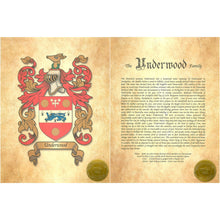 Load image into Gallery viewer, Executive Family Name History and full color Coat of Arms (2 pages) size 17&quot; X 11&quot; (cm 43x28)